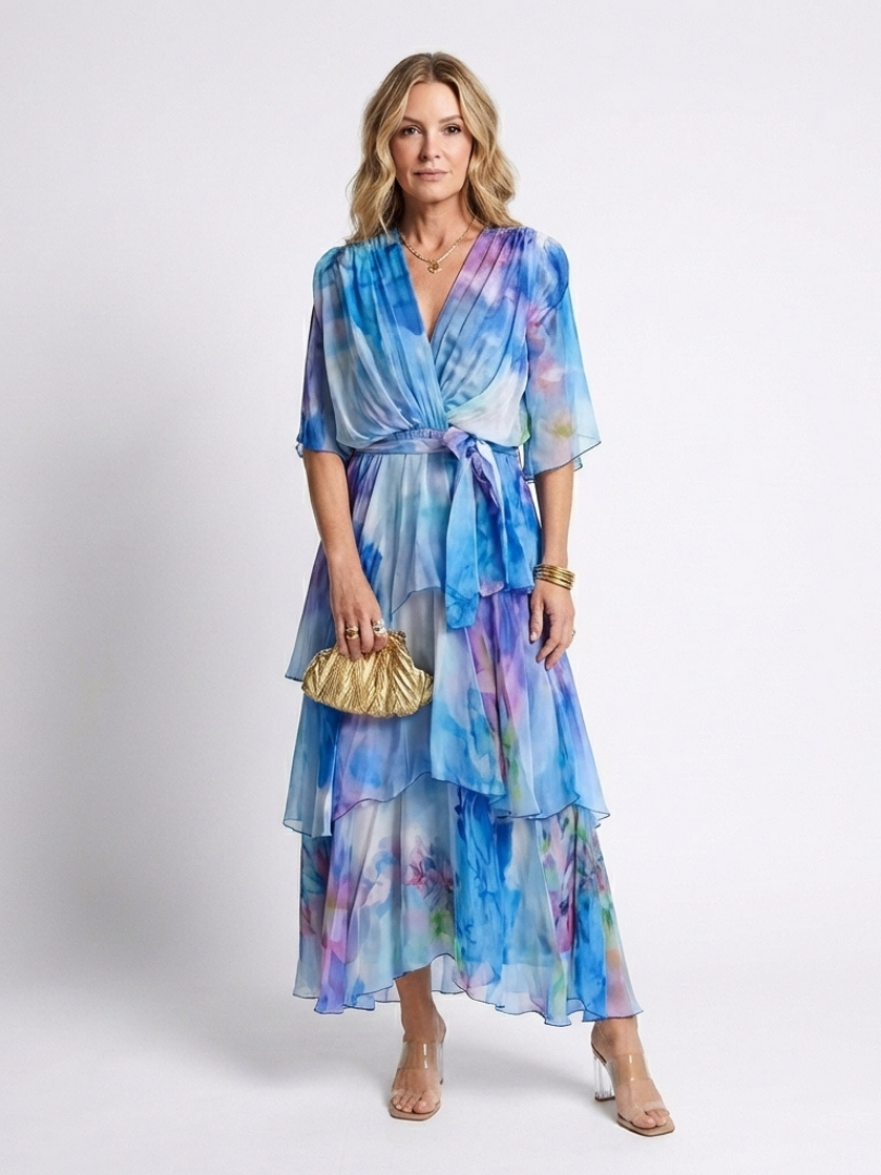 Calista sheer layered maxi dress in blue, full-length front view