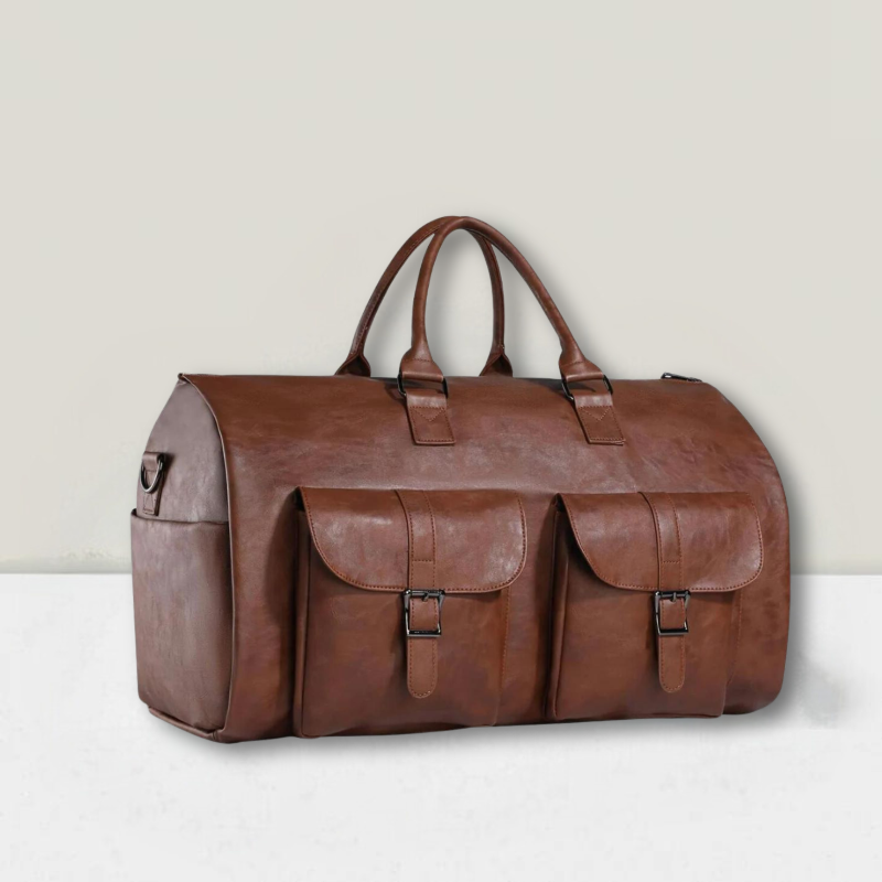 Lyra compact travel bag in brown, front three-quarter view