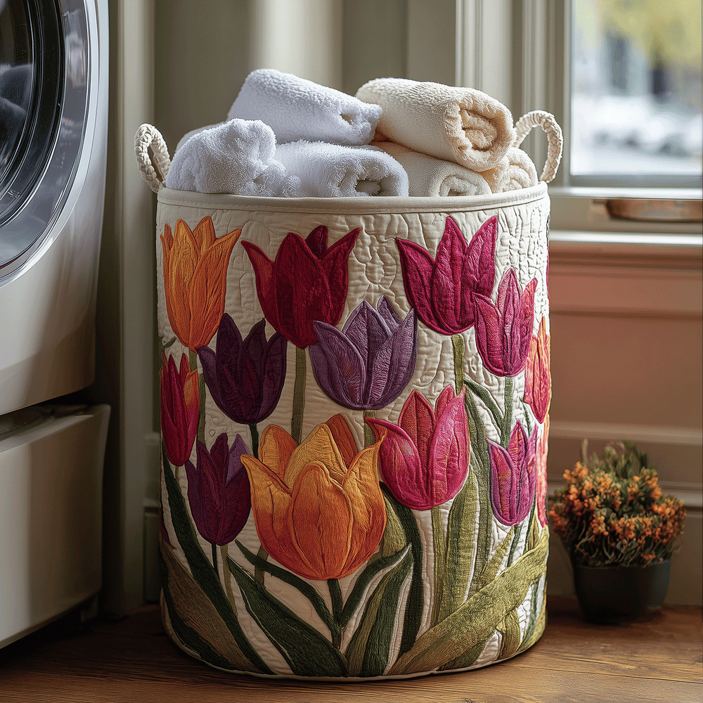 Liliana hand-quilted laundry basket with colourful tulip pattern, filled with folded towels