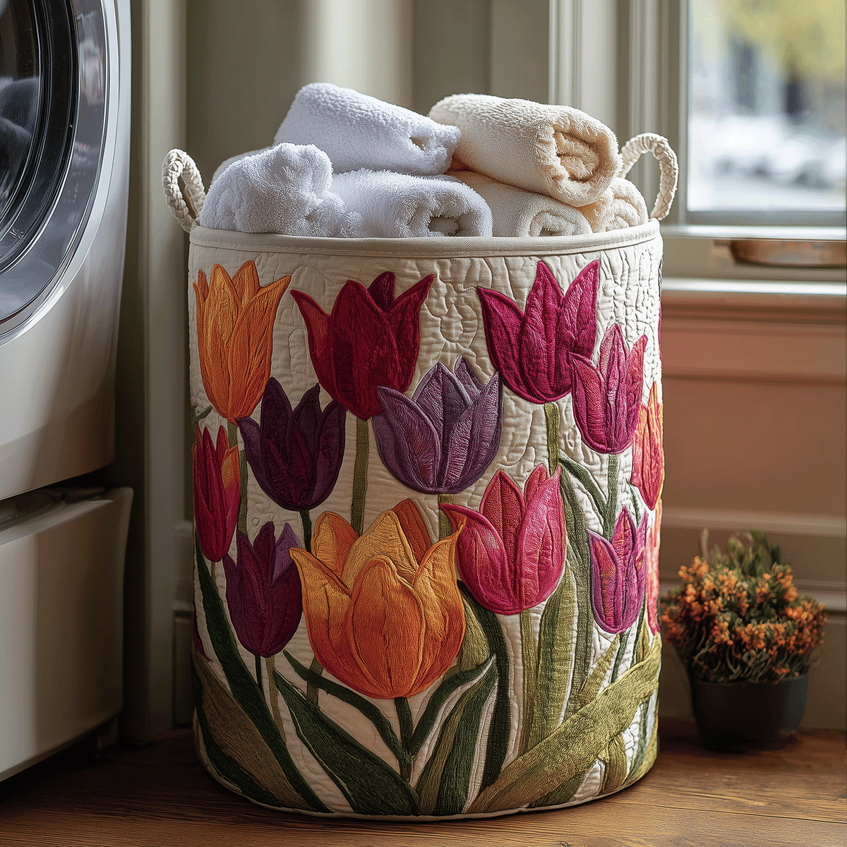 Liliana hand-quilted laundry basket with colourful tulip pattern, filled with folded towels