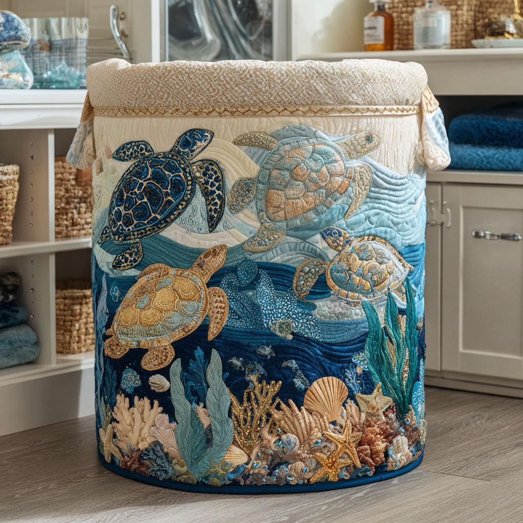 Marina hand-quilted laundry basket with blue and gold sea turtle and shell design