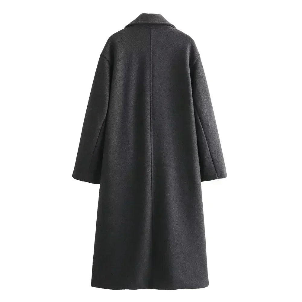 Lyna long winter coat in grey, back view