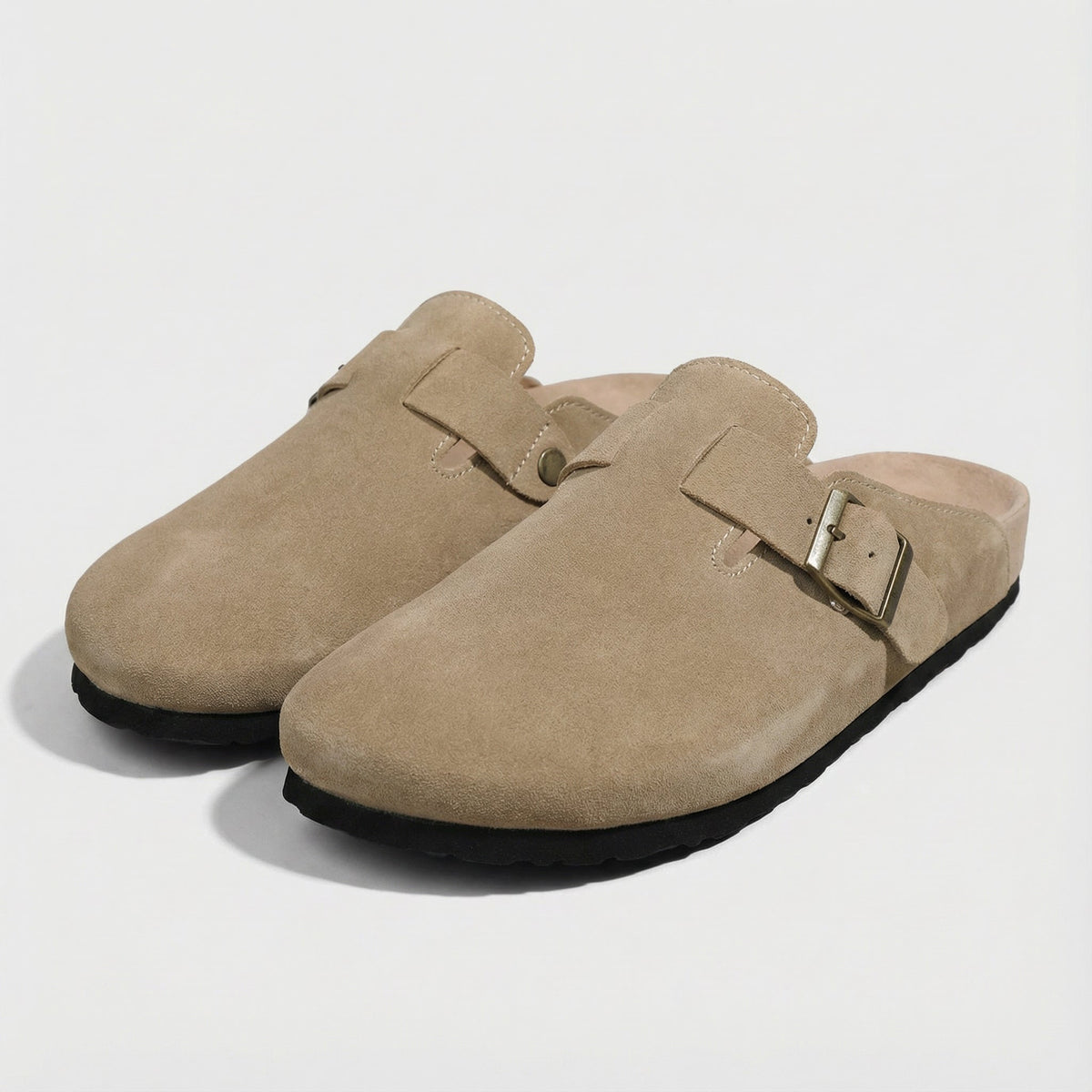 Katrien backless buckle loafers in mocha, angled pair view