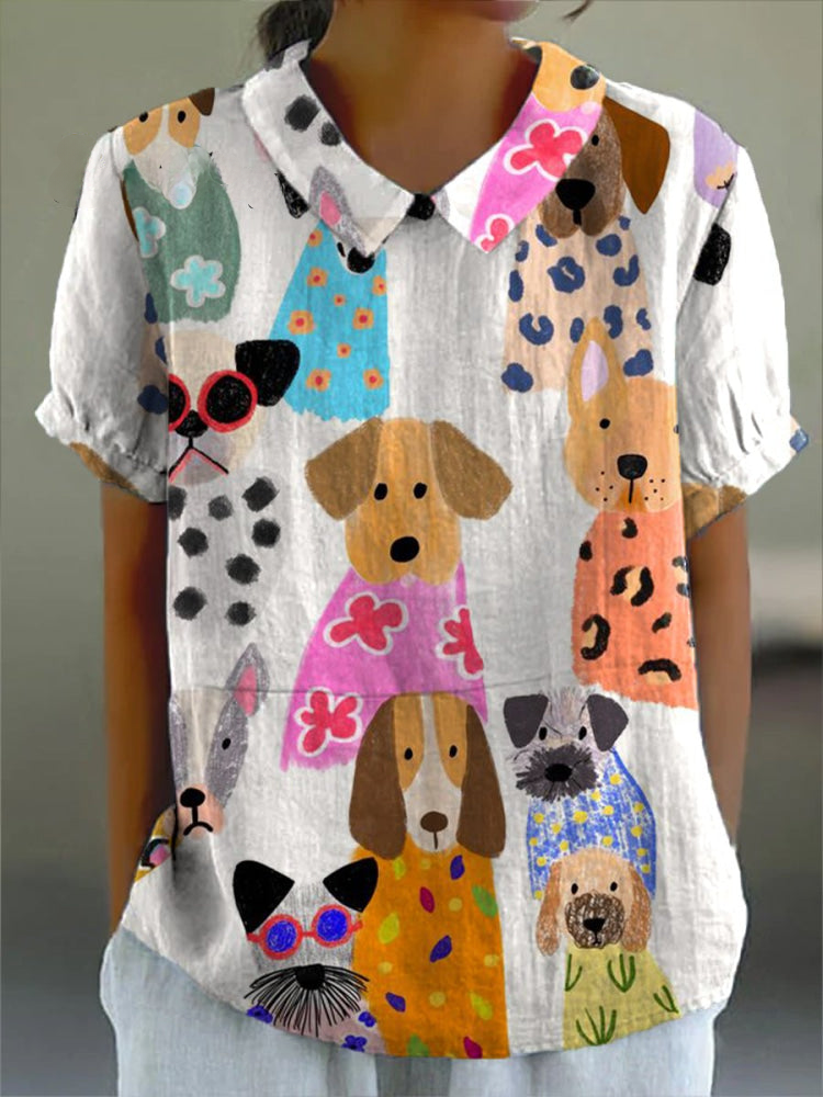 Tilly dog print blouse in white multicolour, front view on model