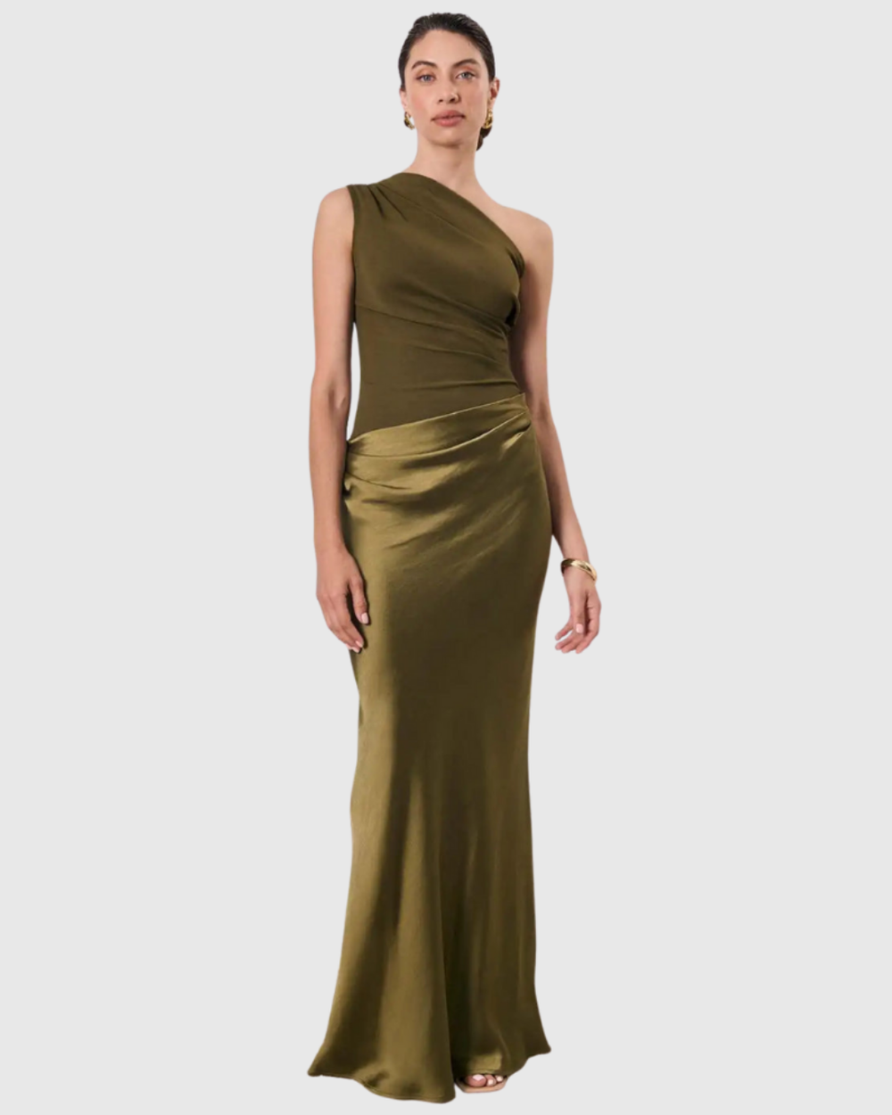 Aleida one-shoulder maxi dress in olive green, full-length front view