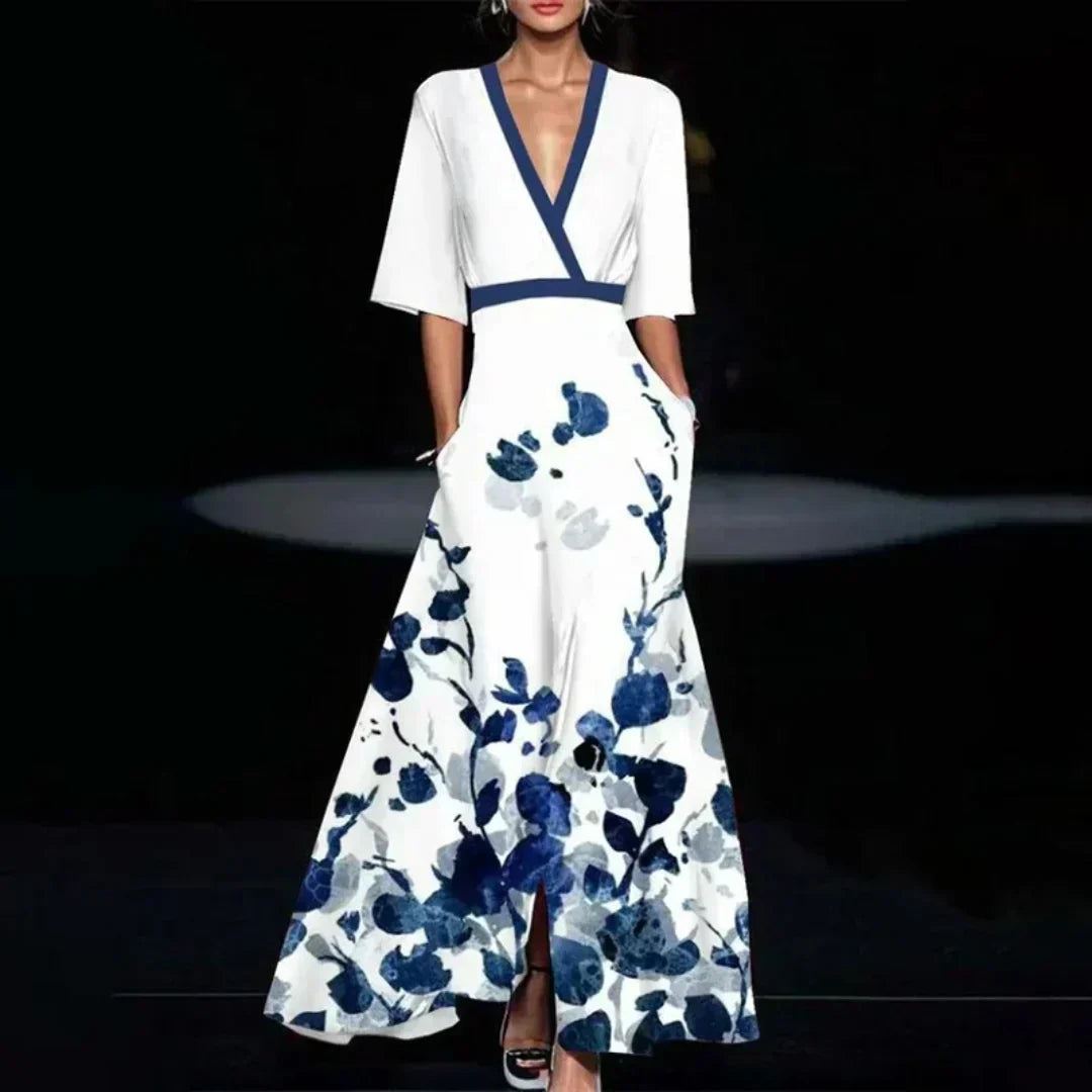 Sophia evening dress in white with blue floral skirt, front view