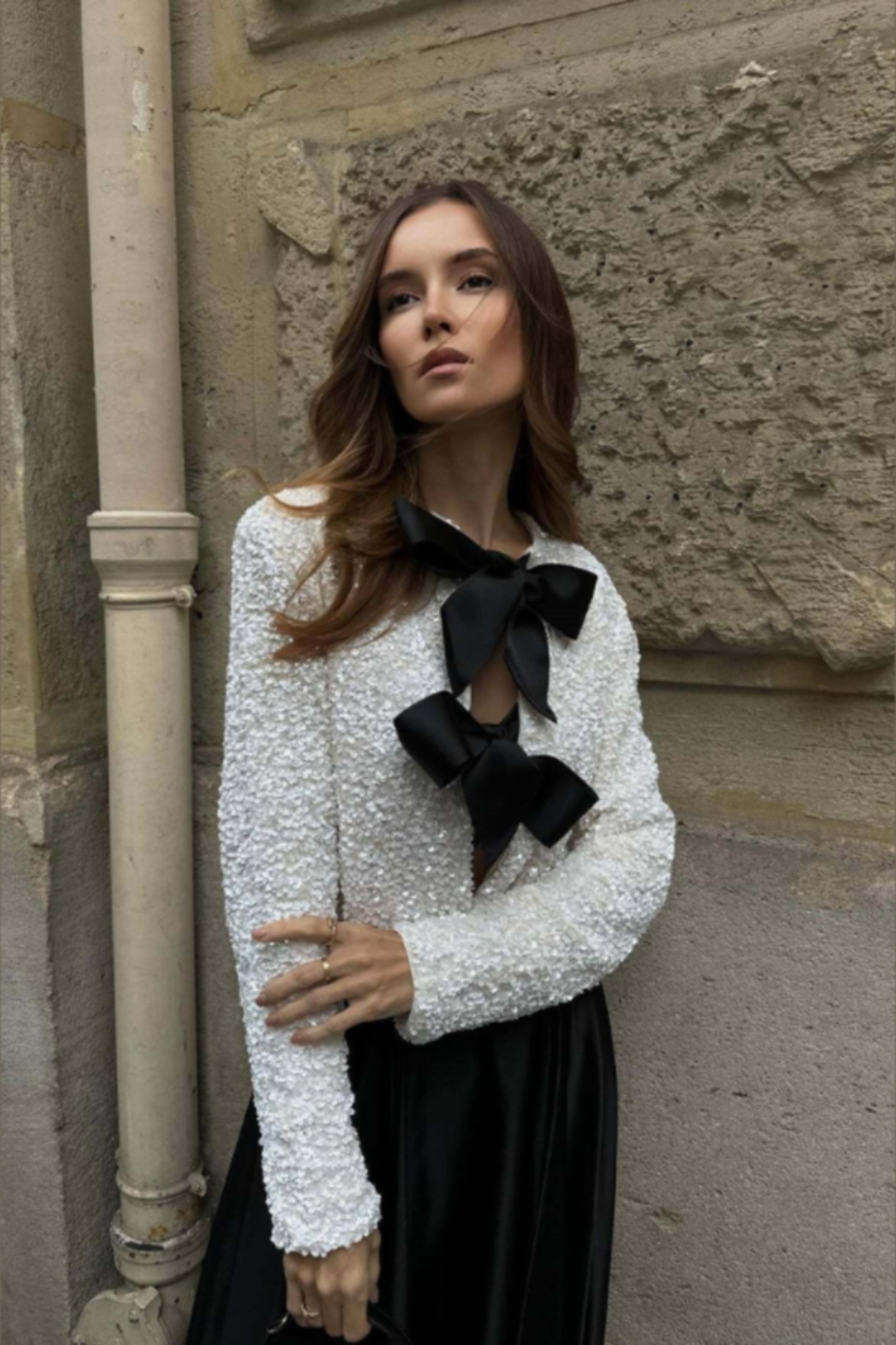 Anwen bow-detail sequin blouse in cream, three-quarter front view