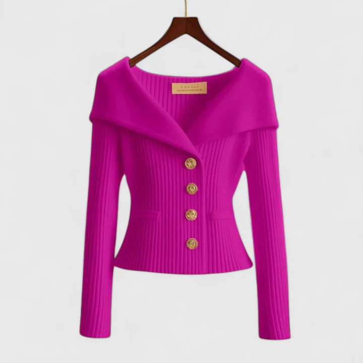 Elara soft knit cardigan in fuchsia pink, front view with gold buttons