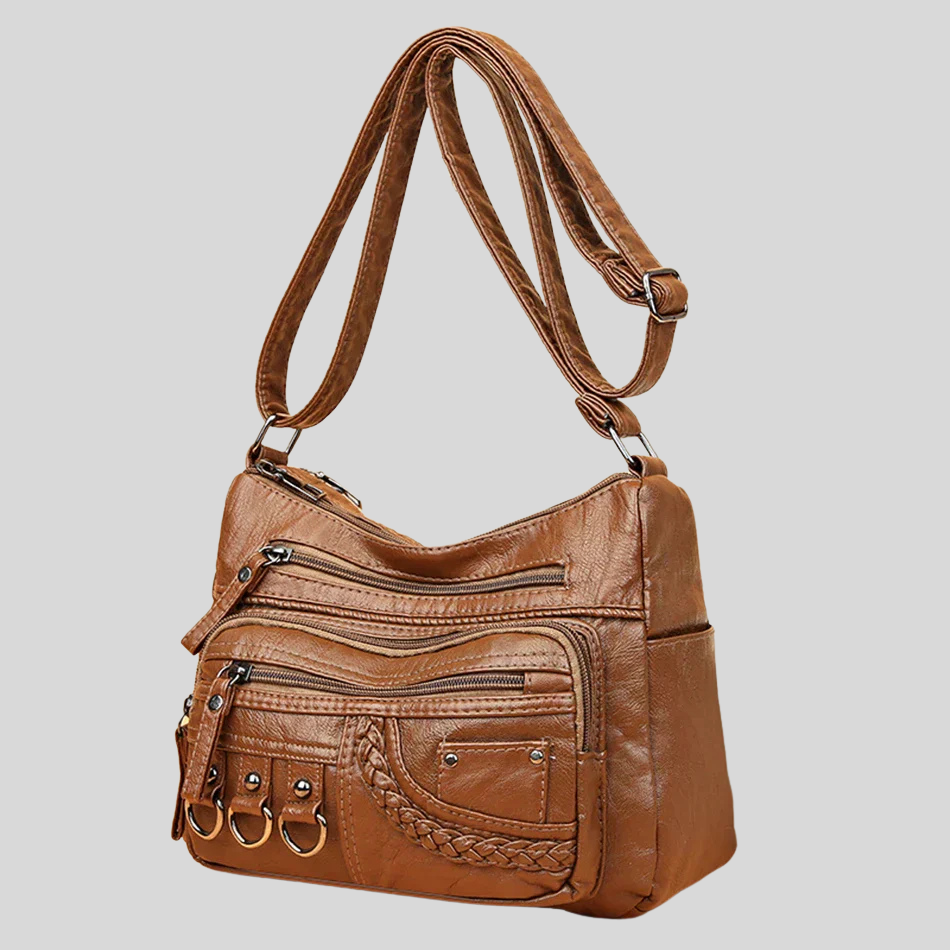 Olivia vintage shoulder bag in brown, angled front view