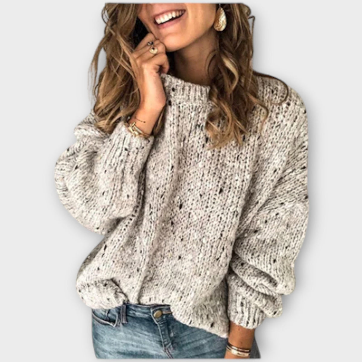 Florencia speckled knit sweater in beige, front view worn by model