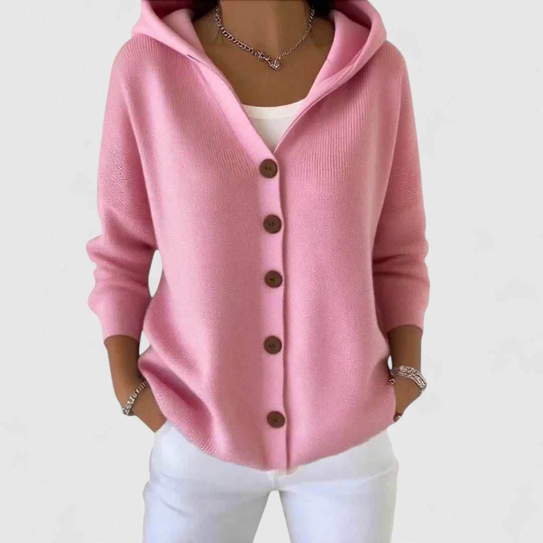 Sylvette hooded cardigan in pink, front view with wooden buttons