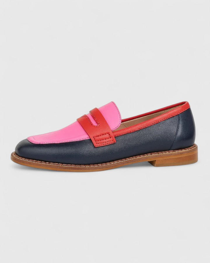 Matilda multicoloured loafers in navy, pink and red, side view