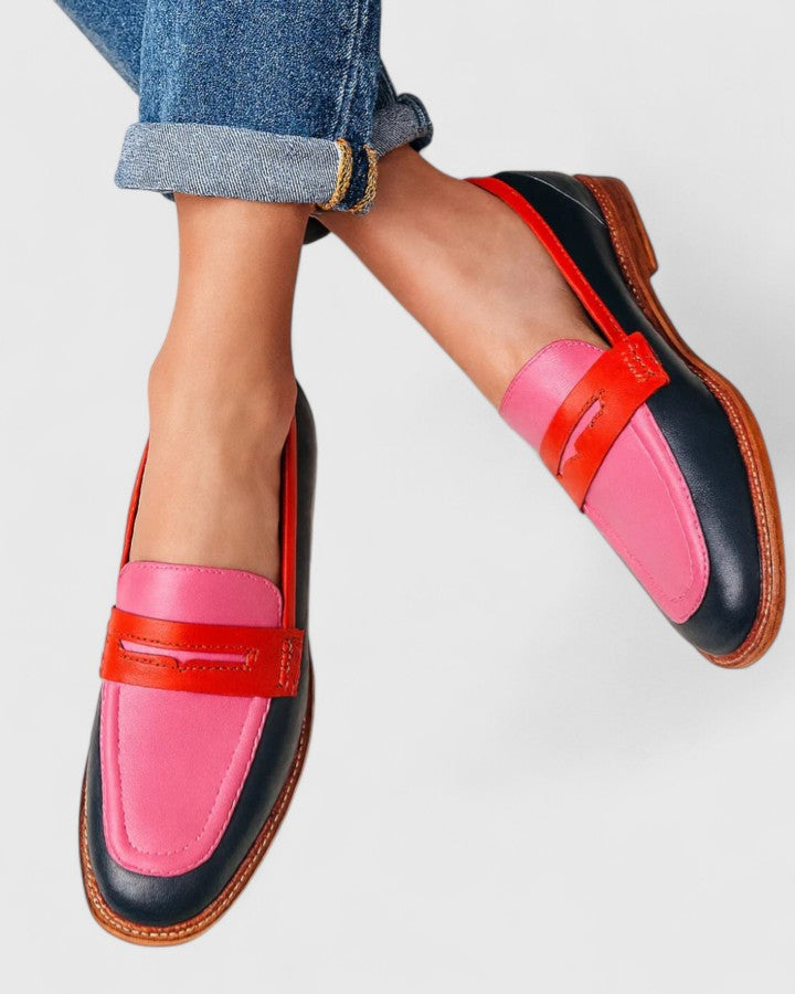 Matilda multicoloured loafers in navy, pink and red, worn with turned-up jeans