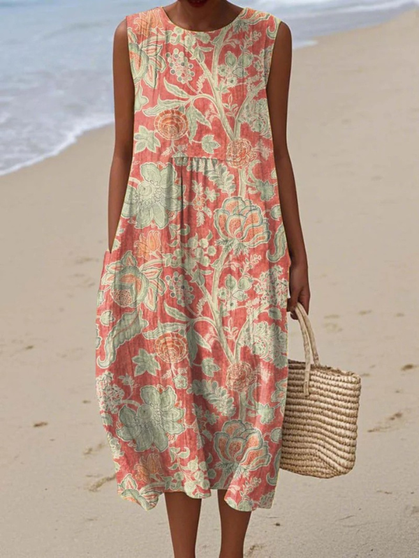 Beth floral midi dress in coral, sleeveless full-length front view