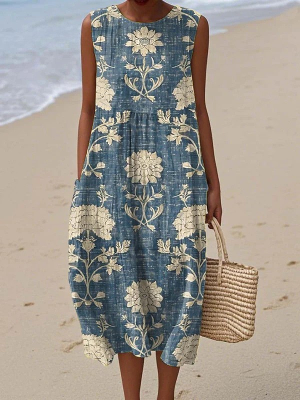 Belle boho midi dress in denim blue with cream floral print, front view