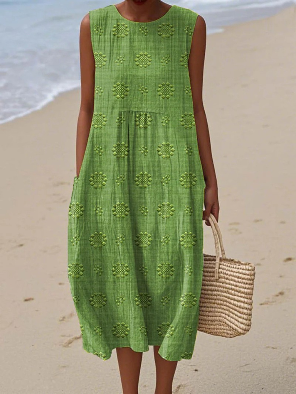 Rose embroidered midi dress in green, full-length front view
