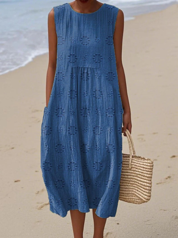 Rose embroidered midi dress in blue, full-length front view