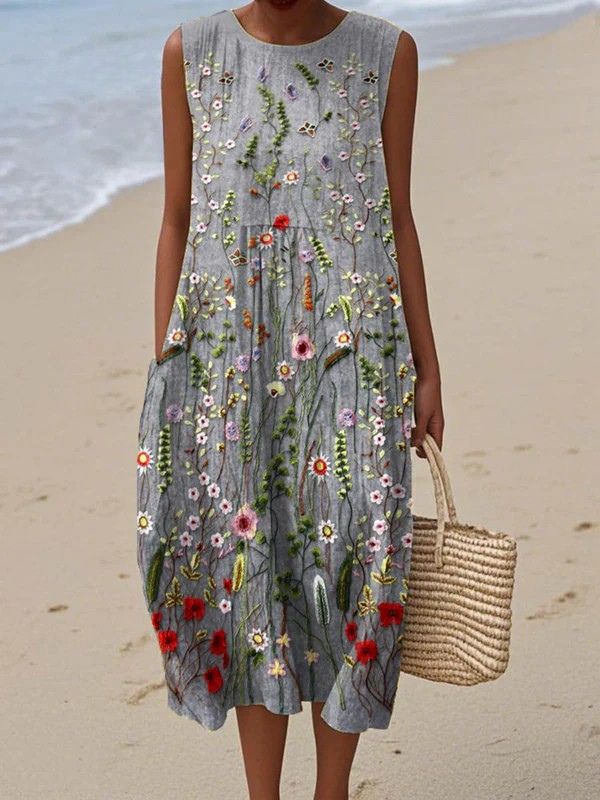 Cara wildflower midi dress in grey, front view with side pockets