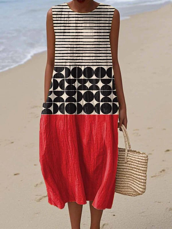 Jane colourblock midi dress in cream, black and red, full-length front view on the beach