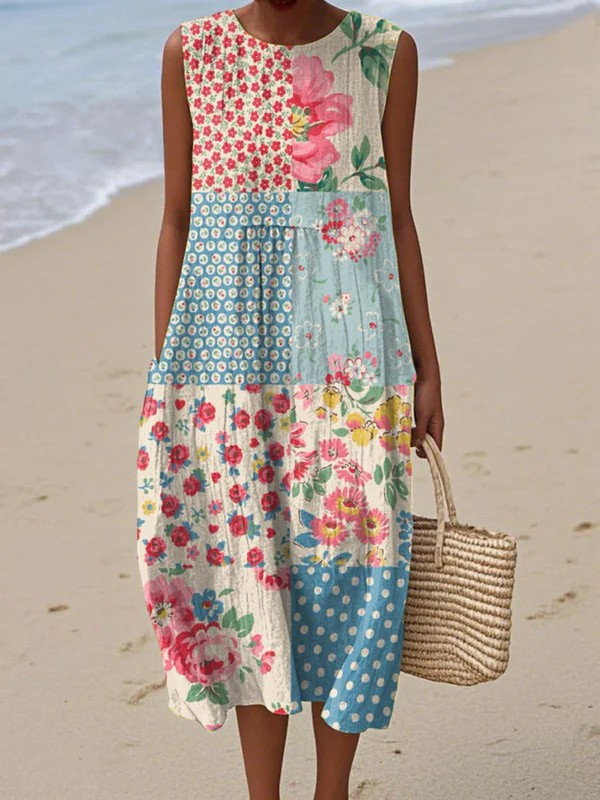 Anna patchwork midi dress in multicolour floral print, full-length front view