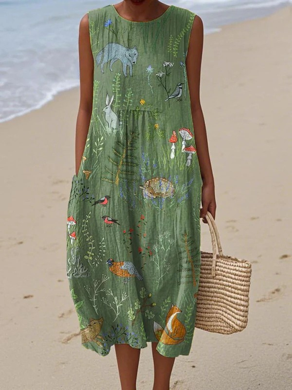 Hope woodland midi dress in green, full-length front view on the beach