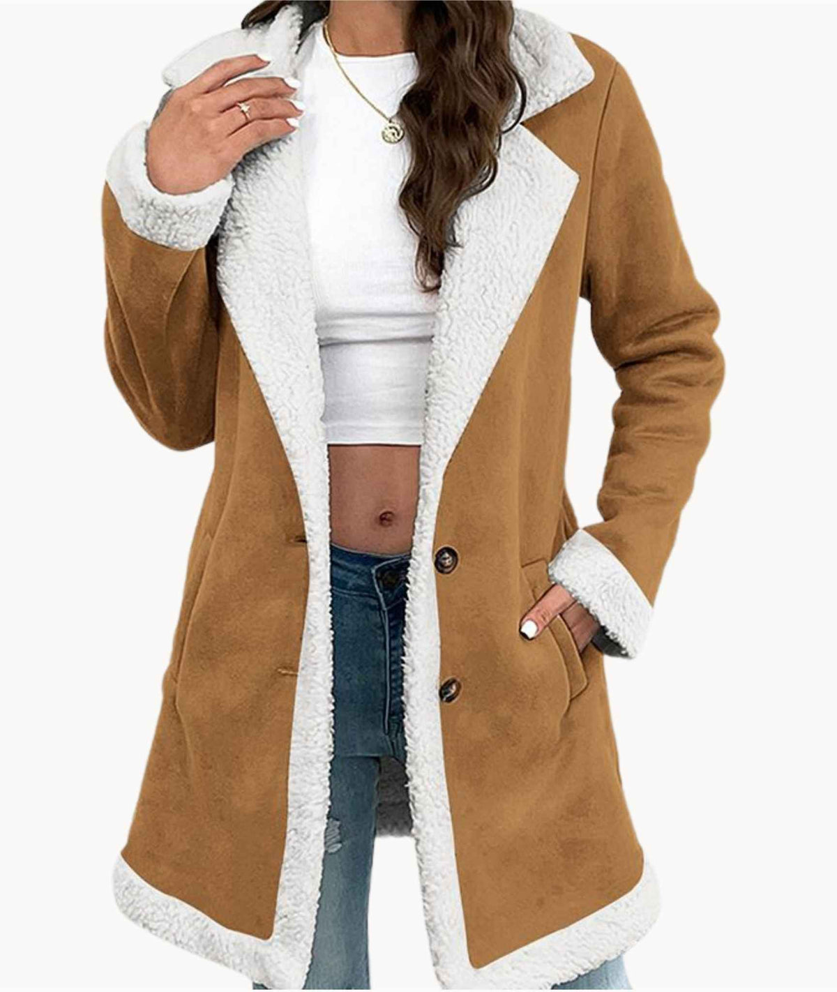 Marcelline sherpa coat in brown, three-quarter front view