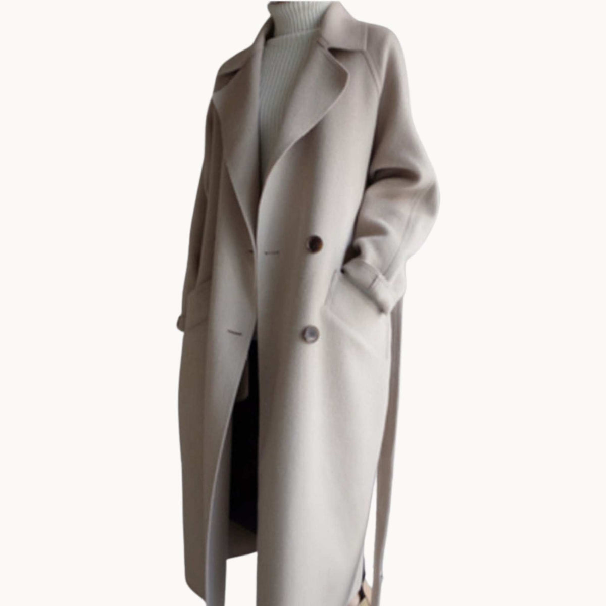 Cerys long trench coat in off-white, side view showing draped lapels