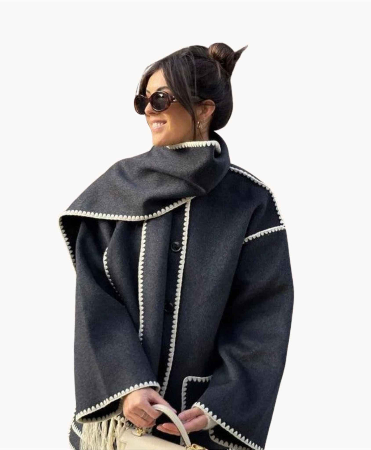 Zyra fringed scarf jacket in charcoal grey, front view on plain background