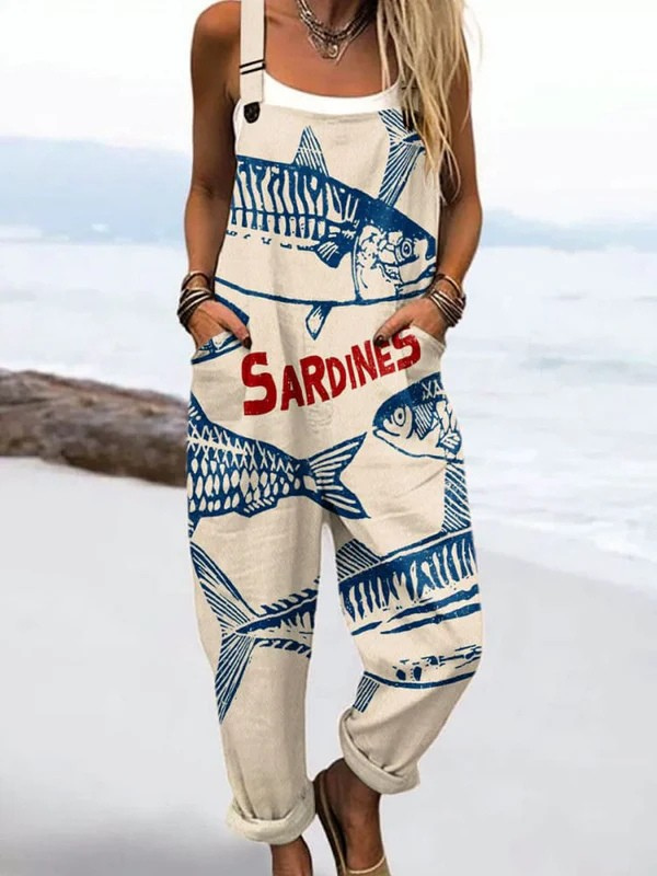 Sardine Stroll jumpsuit in cream with blue and red sardine print, full-length front view