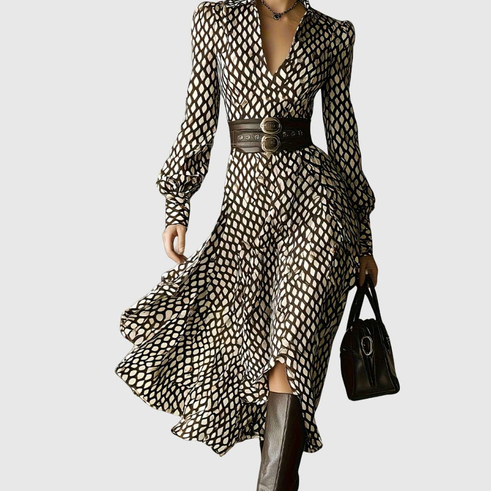 Zara Lizzy rhombus print dress in brown and cream, full front view