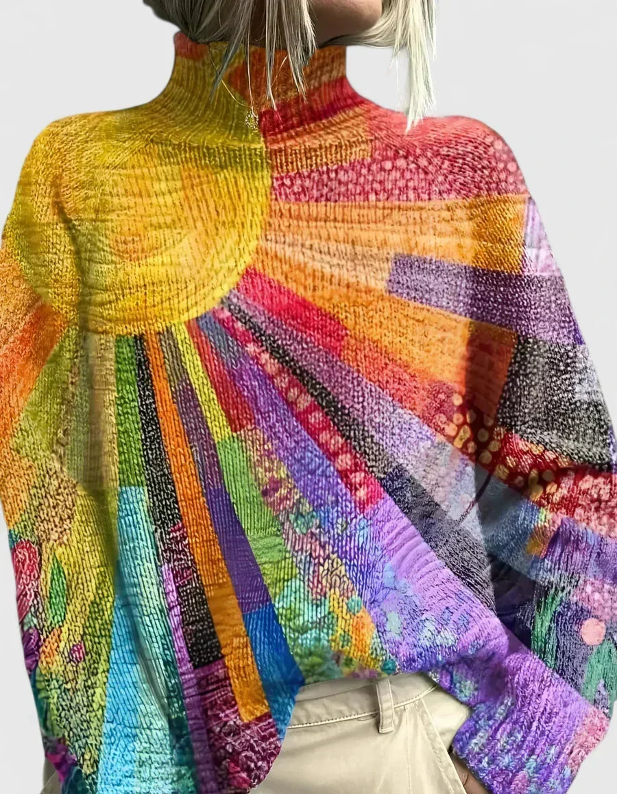Anjelisiah multicoloured turtleneck sweater with rainbow sunburst print, front view