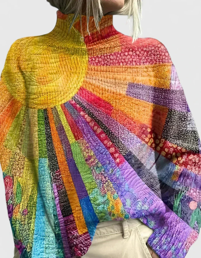 Anjelisiah multicoloured turtleneck sweater with rainbow sunburst print, front view