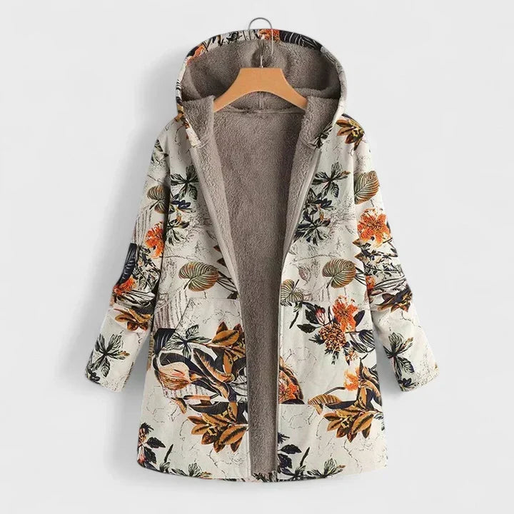 Briar vintage floral hooded parka in beige orange, front view