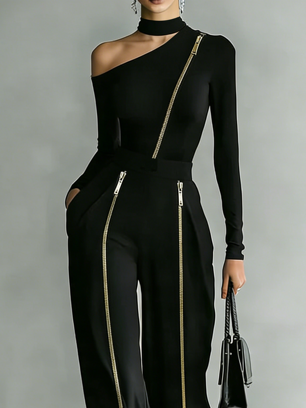 Sienna set in black, close view of gold zips and side pockets