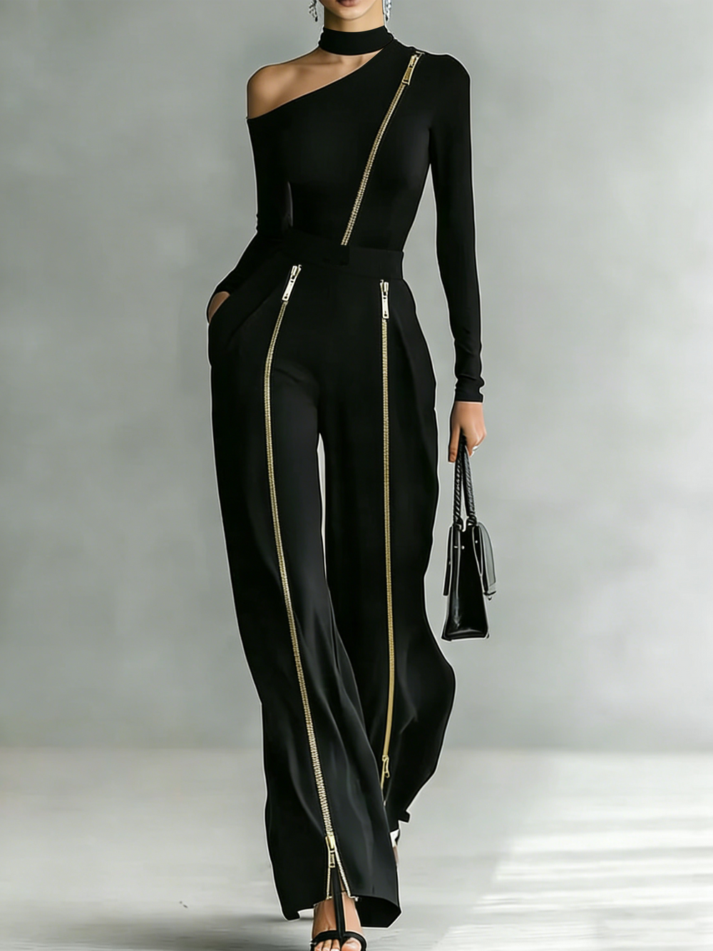Sienna off-shoulder zipper set in black, full-length front view