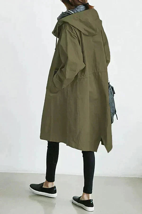 Callindra trench coat in army green, back view showing hood and gathered waist