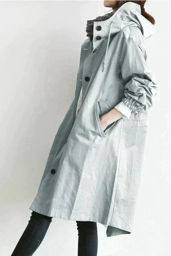 Callindra trench coat in light grey, side view showing drawstring waist