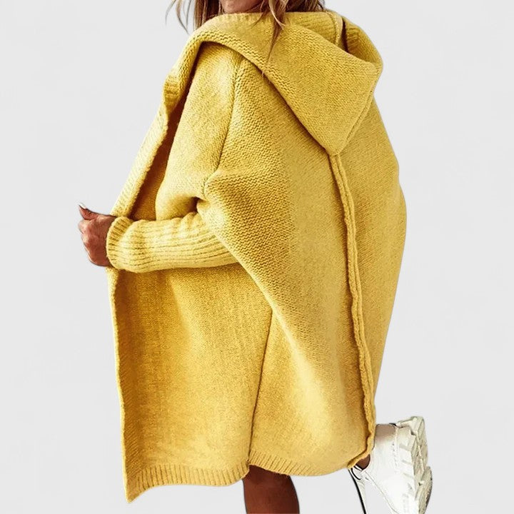 Verona hooded cardigan in yellow, side back view