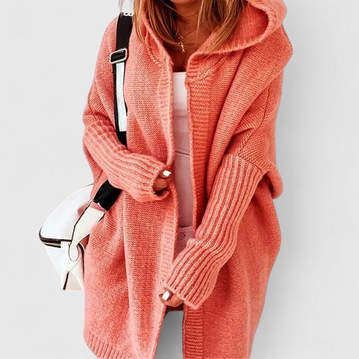 Verona hooded cardigan in orange, front view worn open