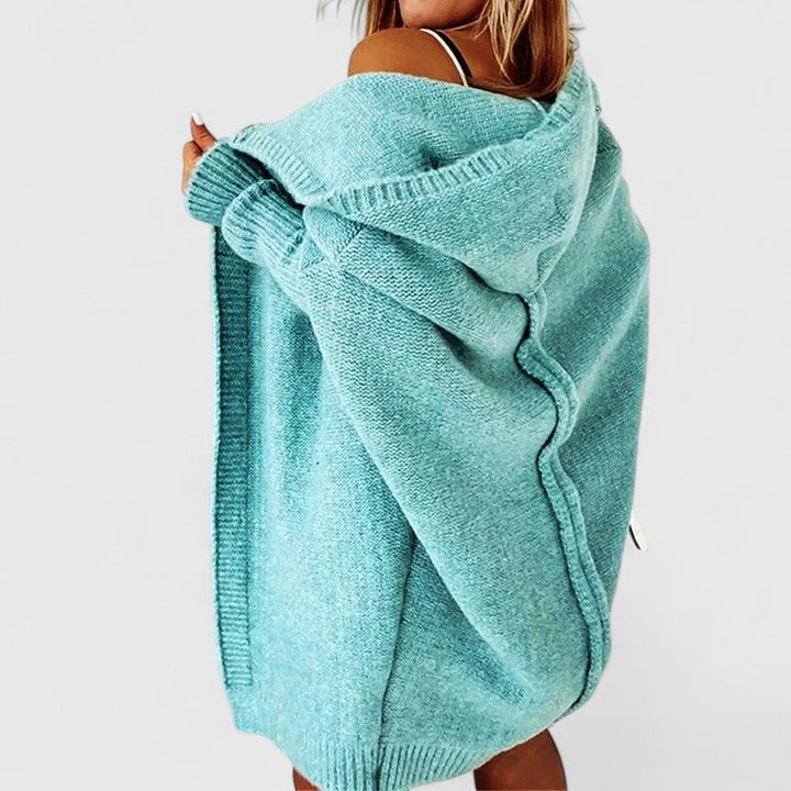 Verona hooded cardigan in blue, rear view of knitted hood