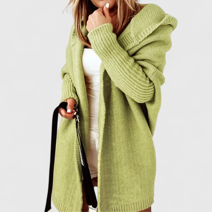 Verona hooded cardigan in green, full-length front view