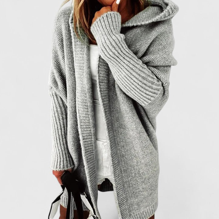 Verona hooded cardigan in grey, front view with rib-knit sleeves