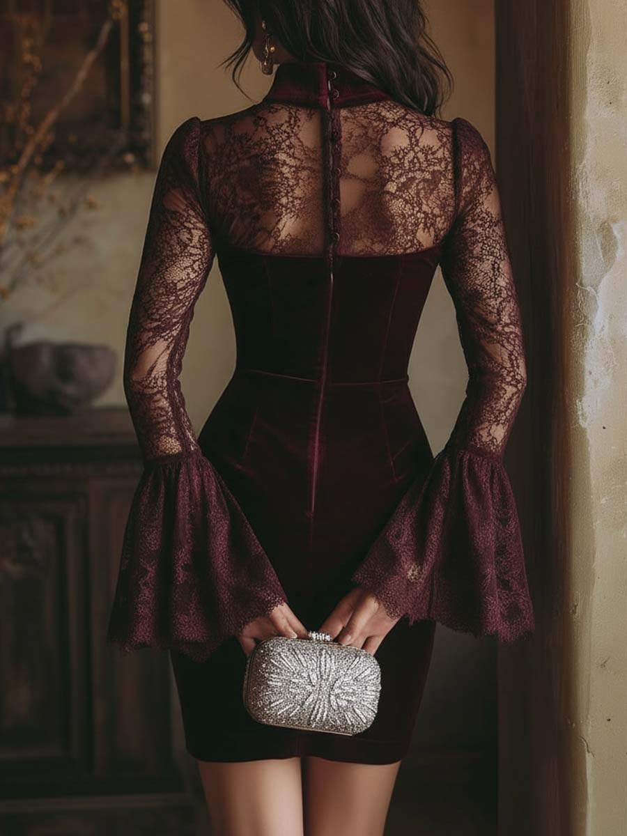 Tamsin bordeaux mini dress back view with buttoned lace panel