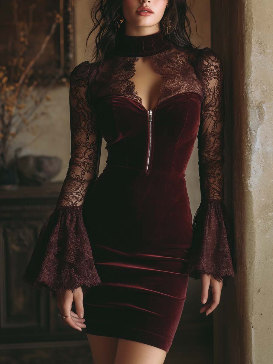 Tamsin lace and velvet mini dress in bordeaux, front view