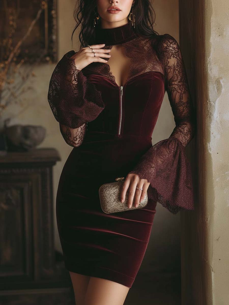 Tamsin lace sleeve mini dress in bordeaux, three-quarter view