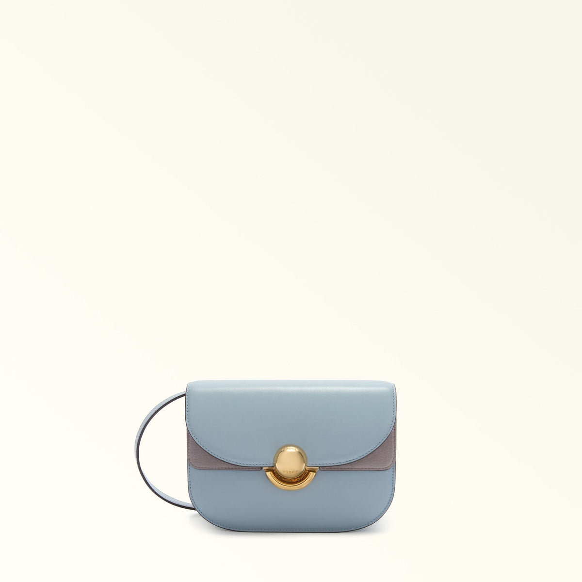 Zanélle mini shoulder bag in light blue, front view with gold clasp
