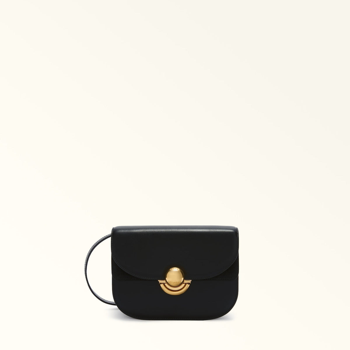 Zanélle mini shoulder bag in black, front view with gold clasp