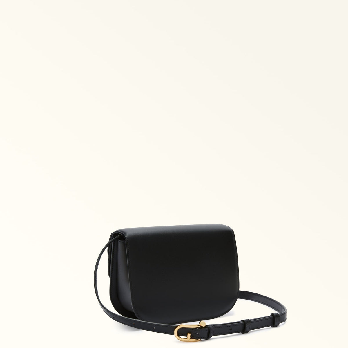 Zanélle mini shoulder bag in black, side view with strap extended