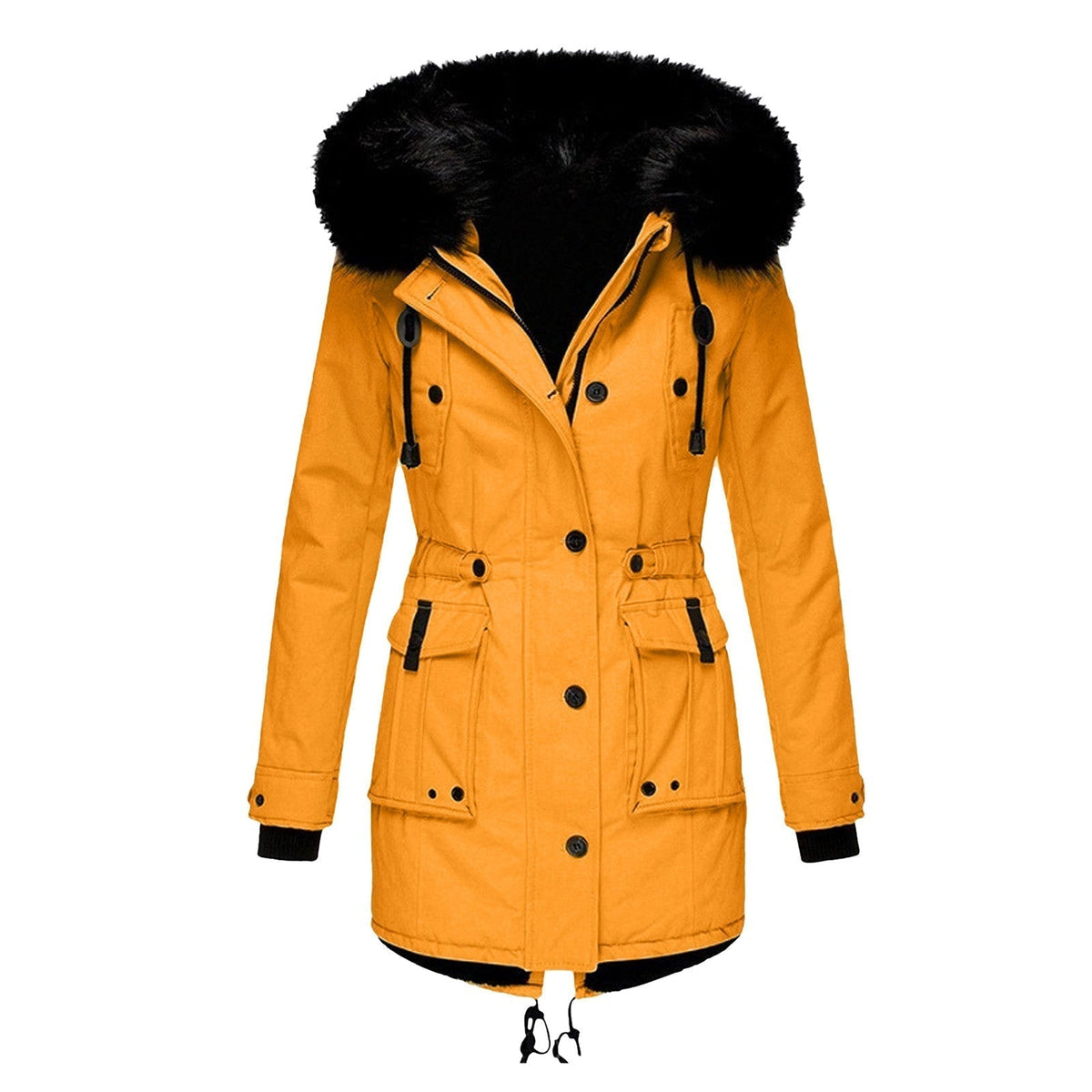 Bronte elegant winter coat in gold with black faux fur hood, front view
