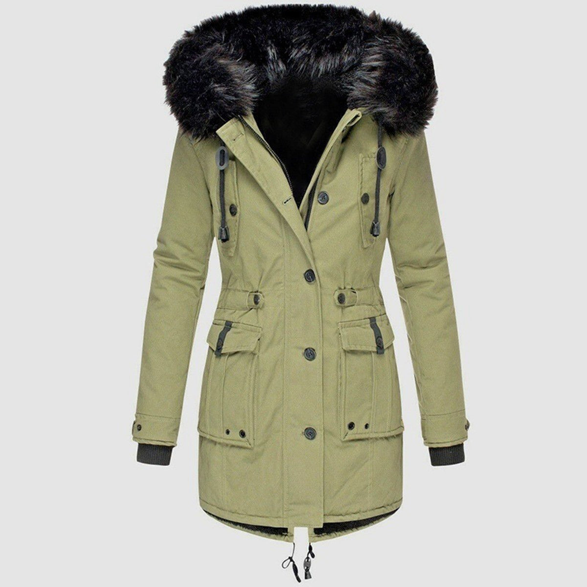 Bronte elegant winter coat in green with black fur hood, front view
